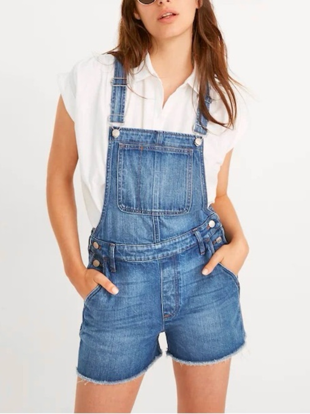 MADEWELL Cut Off Denim Short Overalls - Blue
